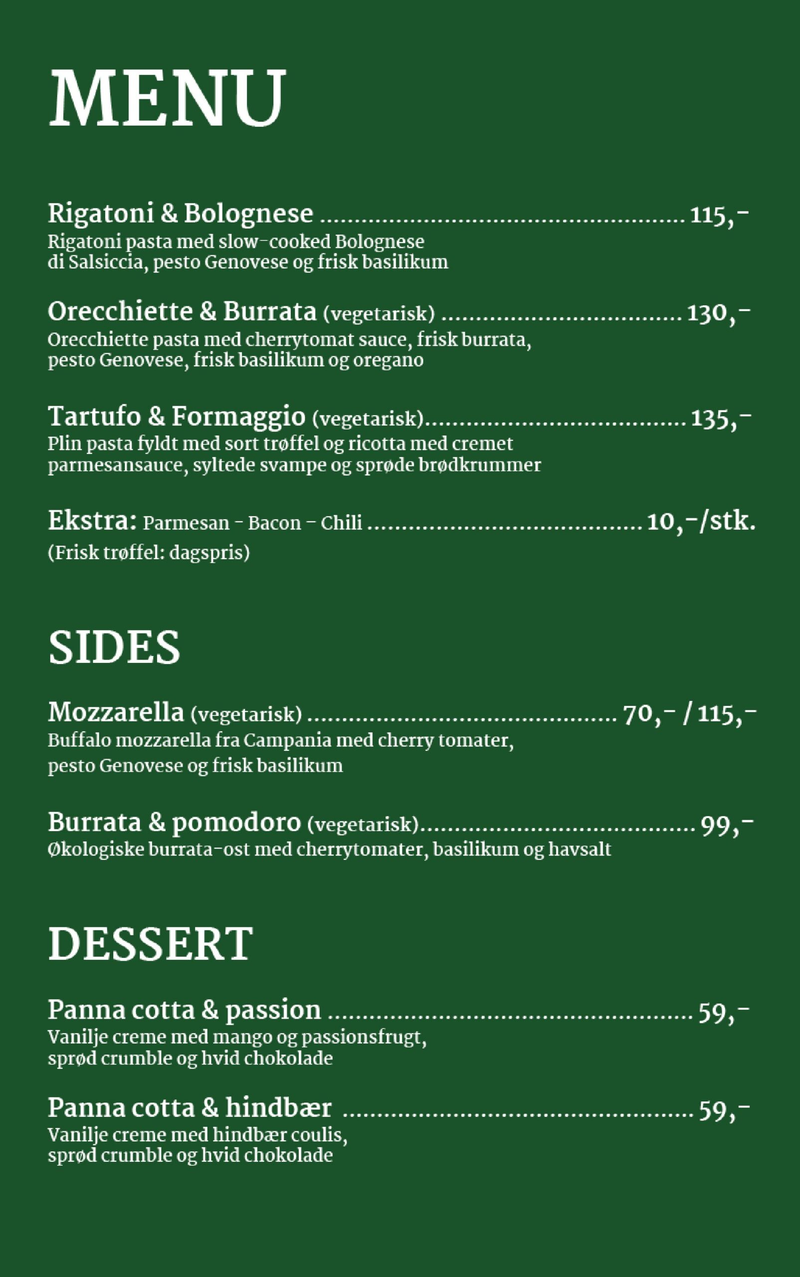 Pasta menu
